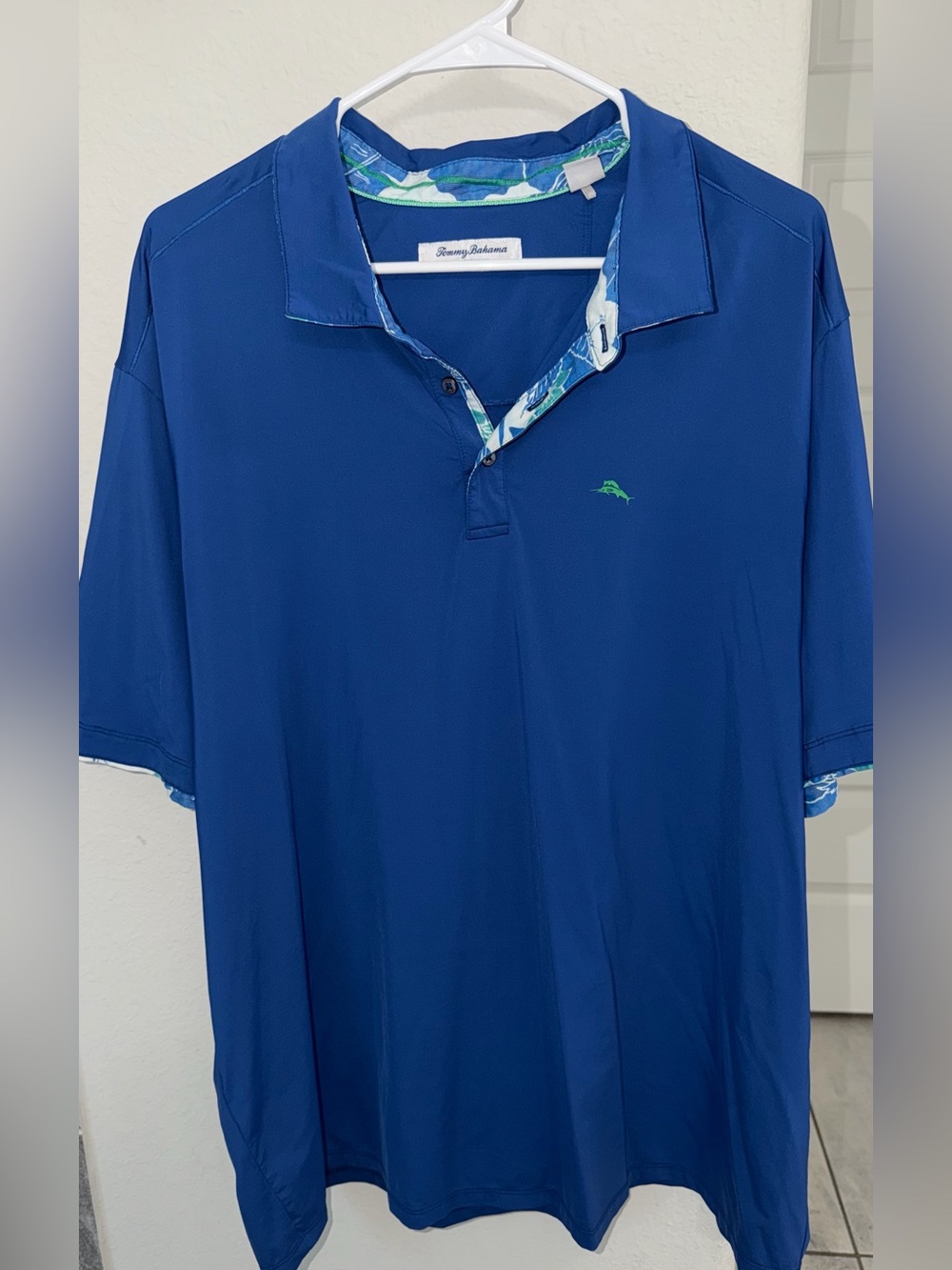 Tommy Bahama Royal Blue Polo with Green Logo and Patterned Trim